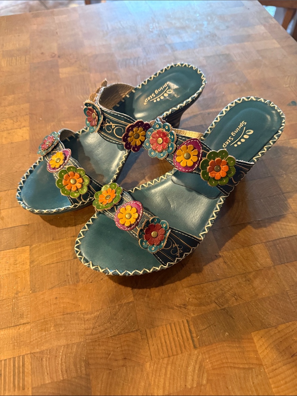 Spring Step Teal Leather Slide Sandals with Multicolor Floral Accents